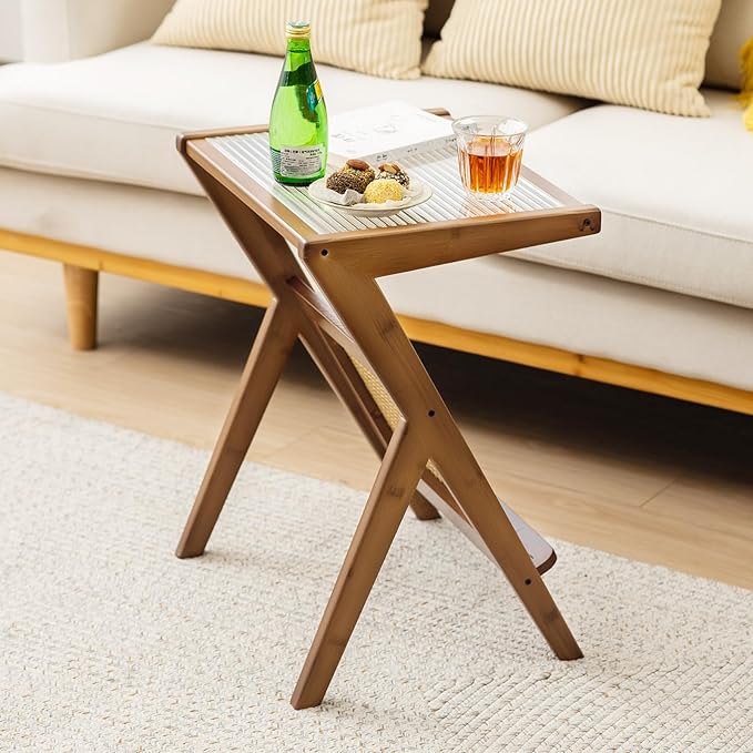 GOFLAME Rattan Side Table Set of 2, Z-Shaped End Table with Tempered Glass Top, Magazine Rack, Boho Night Stand, Small Coffee Table, Bamboo Accent Bedside Table for Living Room, Bedroom, Walnut
