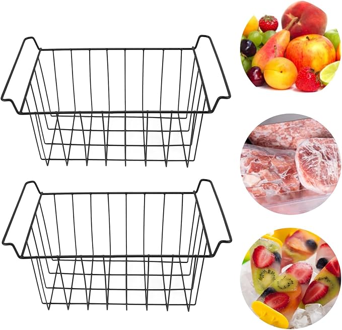2PCS Freezer Organizer Bins, Steel Wire Freezer Basket with Handles Multifunctional Organizer Bin Stackable Metal Wire Baskets for Cabinet, Pantry, Closet (Black)
