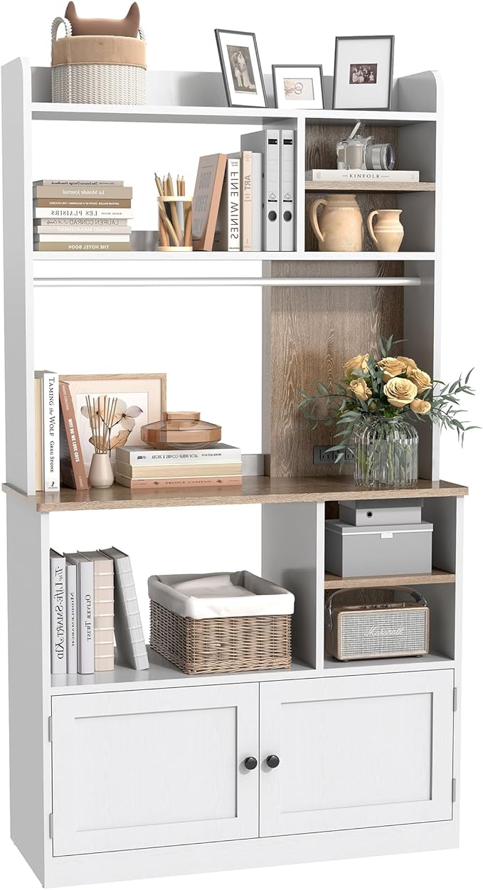 Book Shelf, 5-Tier Bookshelf, Bookcase, 71 inch Tall Bookcase with Doors, Bookshelves and Bookcases with Storage Cabinet and 6 Open Cubes, 3 AC Outlets for Home Office, Living Room, Study, White
