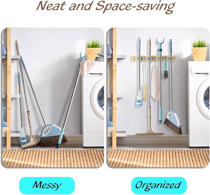 Mop and Broom Holder Wall Mount - Light Wood Broom Mop Hanger - Wall Mounted Garden Tool Rack Organizer for Closet Garage Laundry Room Kitchen With 4 Slots & 4 Hooks