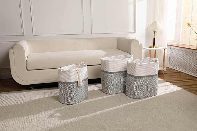 Tall Laundry Basket With Handles,Woven Cotton Rope Big Laundry Hamper Sorters,Versatile Storage for Dirty Clothes,Baby Toys,and Blankets in Bathroom, Nursery,and Living Room (White/Gray, 68L)