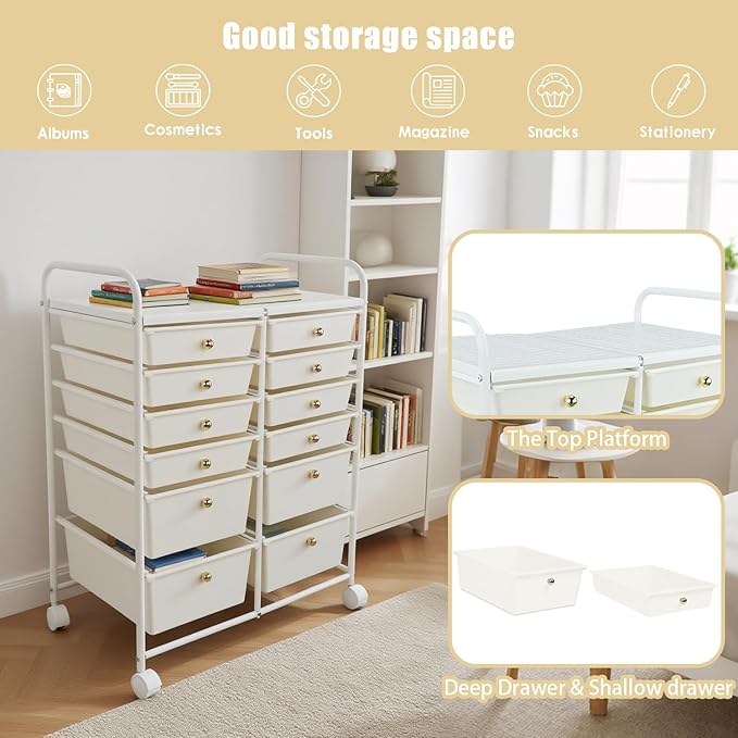 White 12 Drawers Rolling Storage Cart With Drawers, Multipurpos Plastic Storage Trolley, Rolling Carts With Wheels, Craft Corner Storage Organizer for Kitchen Bathroom Garage Salon Shop Office