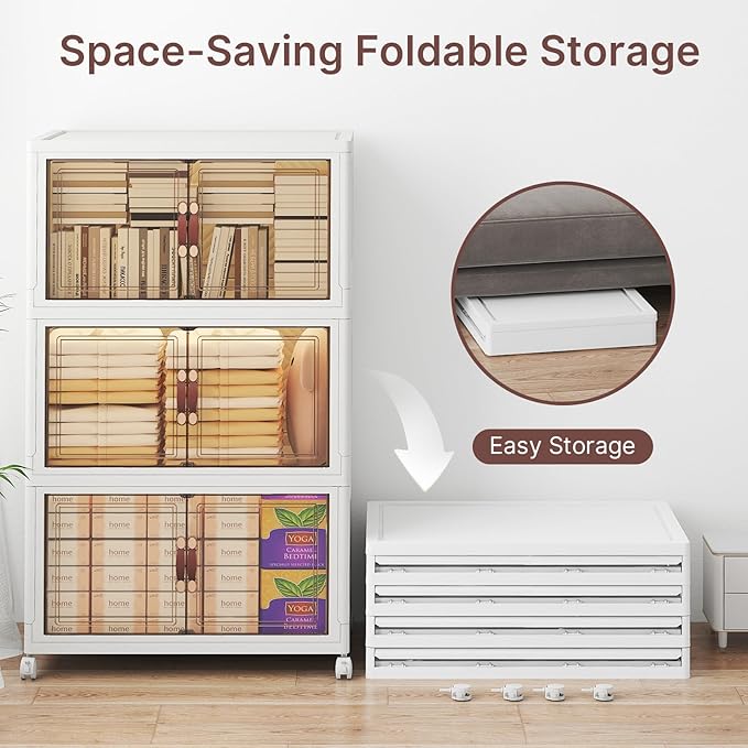 720Qt Stackable Storage Bins with Lids, 6 Pack Large Collapsible Bins with Wheels, Plastic Cabinet with Doors, Foldable Closet Organizers and Storage for Home, Dorm, Office, White