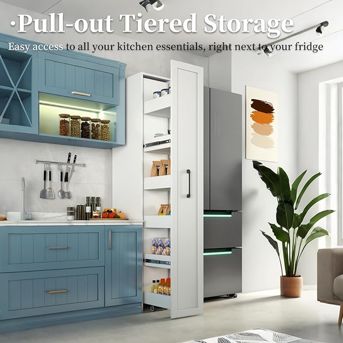 JOYSOURCE Tall Narrow Pull-Out Storage Shelf with Wheels 6-Tier Slim Rolling Storage Next to Fridge Spice Rack Shelves for Small Spaces, Kitchen, Laundry Room, Bathroom White
