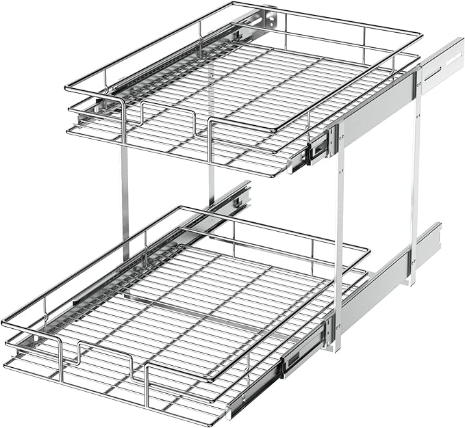 LOVMOR 2 Tier Individual Pull Out Cabinet Organizer 14" W x 21" D, Slide Out Kitchen Cabinet Storage Sliding Shelves