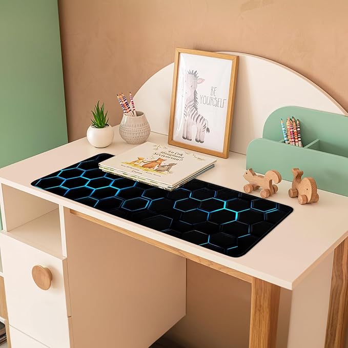 Gaming Mouse Pad – Large Extended Desk Mat 31.5 x 11.8 in– Futuristic Black Honeycomb Design with Blue Glow, Non-Slip Base, Waterproof Surface, Keyboard & Mouse Pad for Gaming or Office