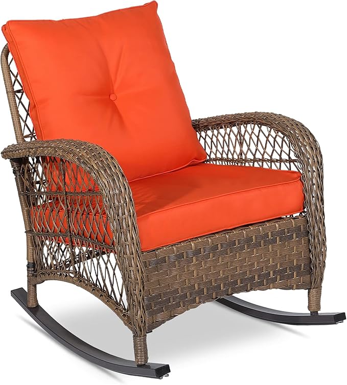 VIVIJASON Outdoor Wicker Rocking Chair, Patio Rattan Rocker Chair with Cushions & Steel Frame, All-Weather Rocking Lawn Wicker Furniture for Garden Backyard Porch (Orange)