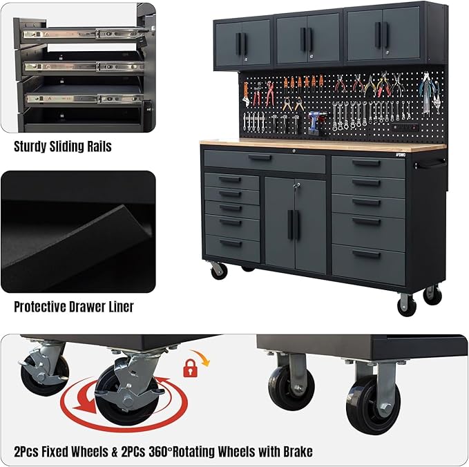 72in Rolling Tool Chest Cabinet Mobile Garage Workbench Heavy-Duty Tool Cabinet on Wheels with 11 Drawers, 2-Door Cabinet, 3 Top Cabinet, Pegboard & Power Strip for Tool Organization