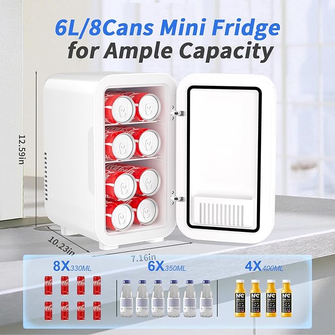 Mini Fridge, 6 Liter/8 Can 110V AC/DC Portable Thermoelectric Cooler Refrigerators for Bedroom, Personal Skin Care Fridge for Cosmetics, Drink, Milk, Office, Dorm Room and Car, White