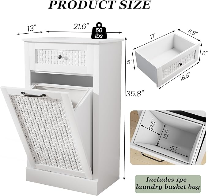 Tilt Out Laundry Hamper Cabinet,10 Gallon Laundry Cabinet with Drawers ＆ Hidden Baskets, Farmhouse Laundry Storage Basket for Laundry Room, Bathroom, Kitchen, White