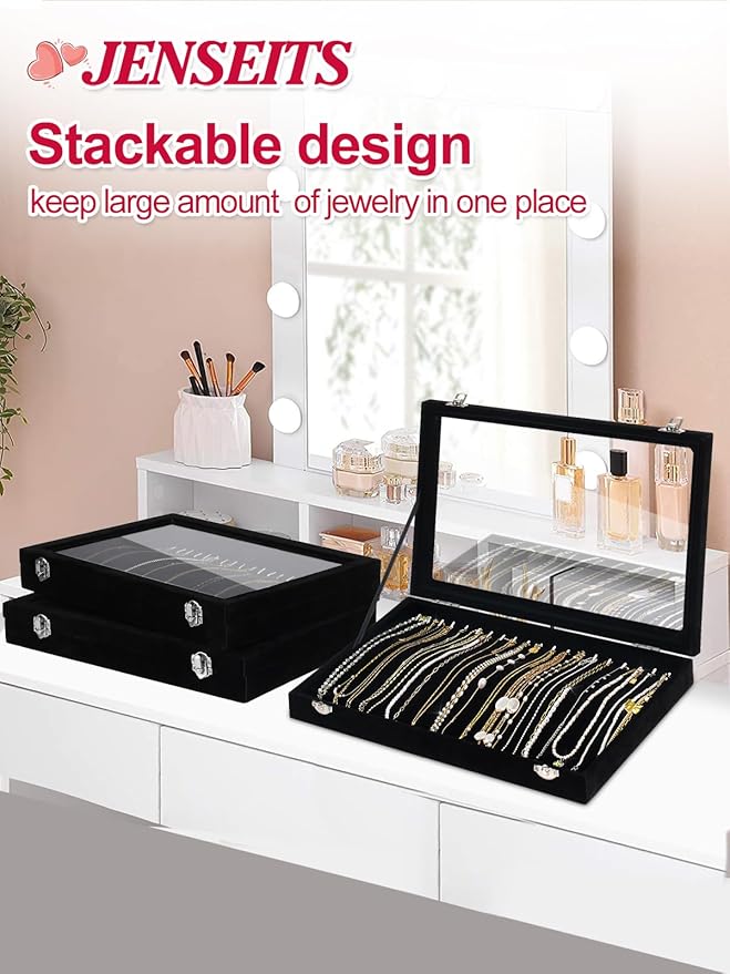 Jenseits Necklace Organizer Box, Tray with Clear Lid, Velvet Dustproof Necklaces Holder Storage Display Case, 20 Hooks Glass Top Jewelry Tray Drawer Insert for Pendant Bracelet