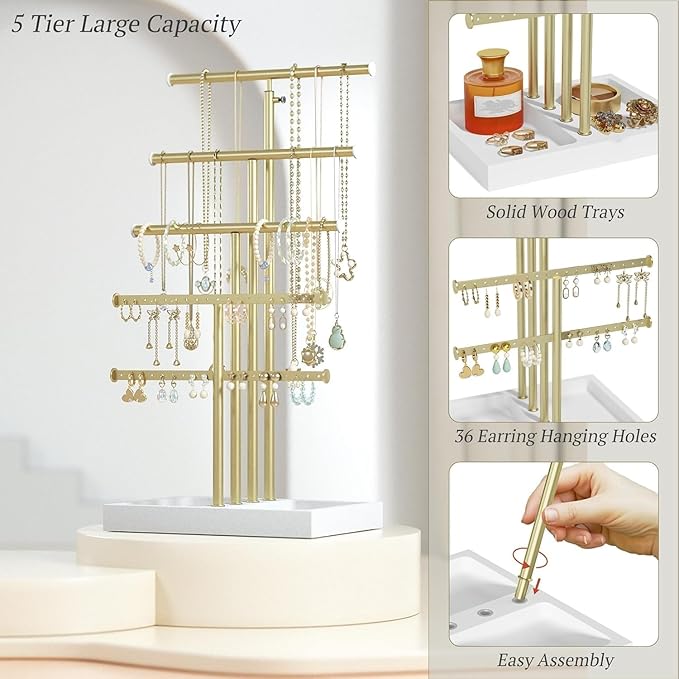 Love-KANKEI Jewelry Organizer Stand,5 Tier Large Necklace Holder with Wood Base,Jewelry holder stand Tree for Display,Bracelets Earrings Rings,Height Adjustable Gift White and Gold