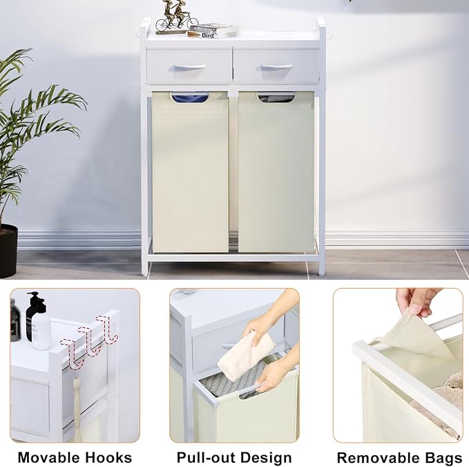 Laundry Hamper, Laundry Sorter 2 Section, Rolling Laundry Basket with Wheels, 2 Drawers, 2 × 14.5 Gal (55 L), Pull-Out and Removable Oxford Fabric Bags, White and Beige