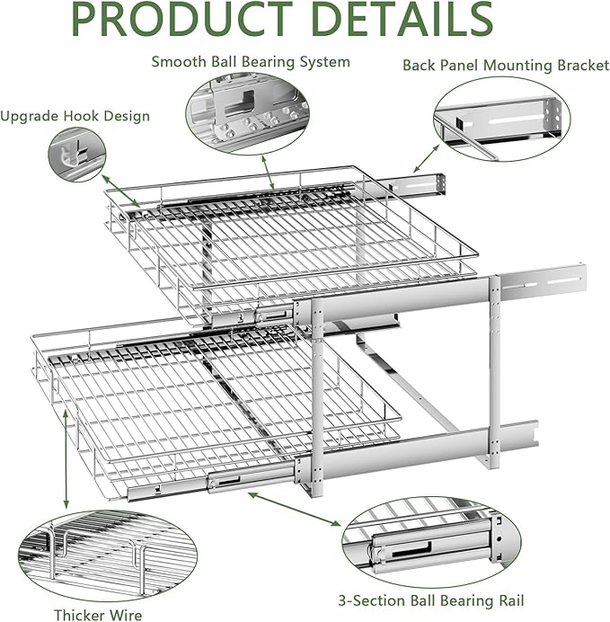 2 Tier Individual Pull Out Cabinet Organizer 27" W x 21½" D, Heavy Duty Cabinet Pull Out Shelves, Slide Out Drawers Organization for Kitchen Cabinets Bathroom