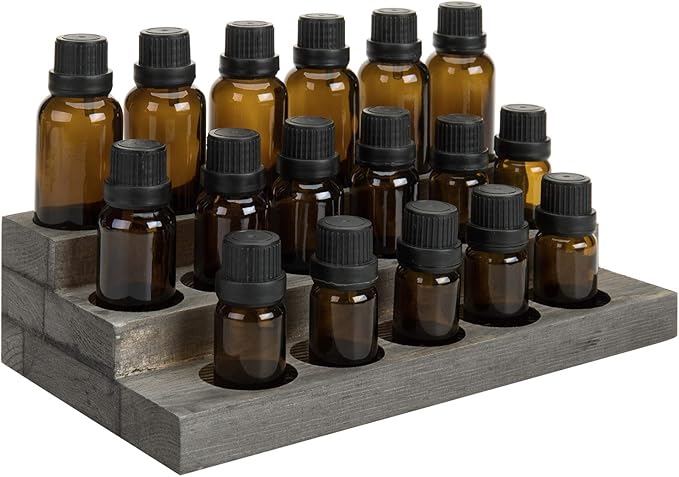 MyGift 3-Tier Vintage Grey Wood 17-Bottle Essential Oil Display Stand