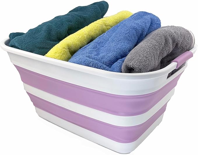 SAMMART 27L (7.1 Gallons) Collapsible Plastic Laundry Basket with Handle-Foldable Pop Up Storage Basket with handle (1, White/Pale Purple/White)