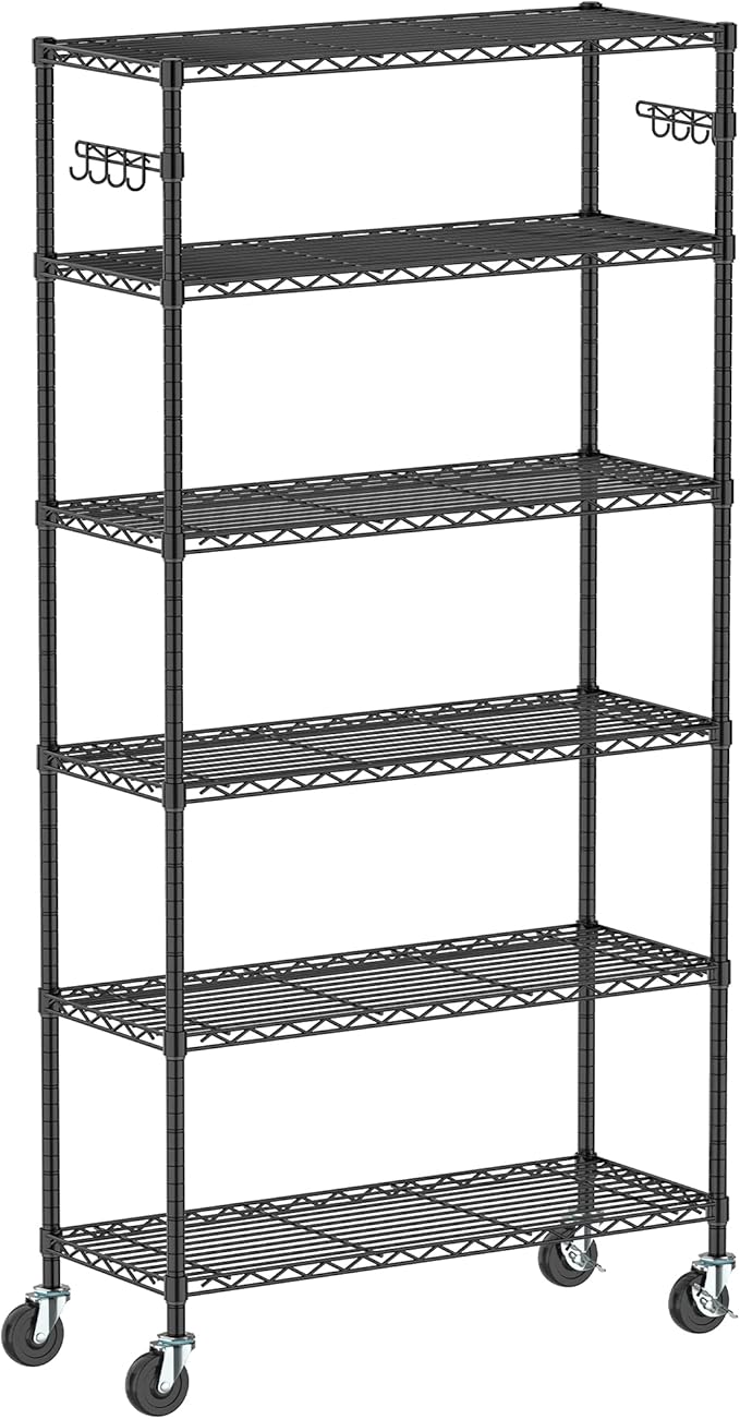 6-Tier Metal Storage Rack with Wheels, Sturdy Adjustable Wire Shelving Unit Rolling Shelf for Garage, Kitchen, Pantry, 36" W x 14" D x 75" H, Black