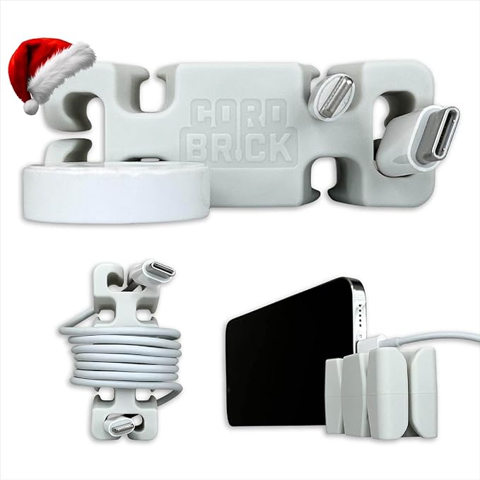 CordBrick Stocking Stuffers for Adults Cord Management Weighted Cord Holder Cable Wrap Phone Stand - Multiuse Gadget Organizer for Nightstand, Desk. Gift for Men, Durable Silicone. 1pk Light Gray