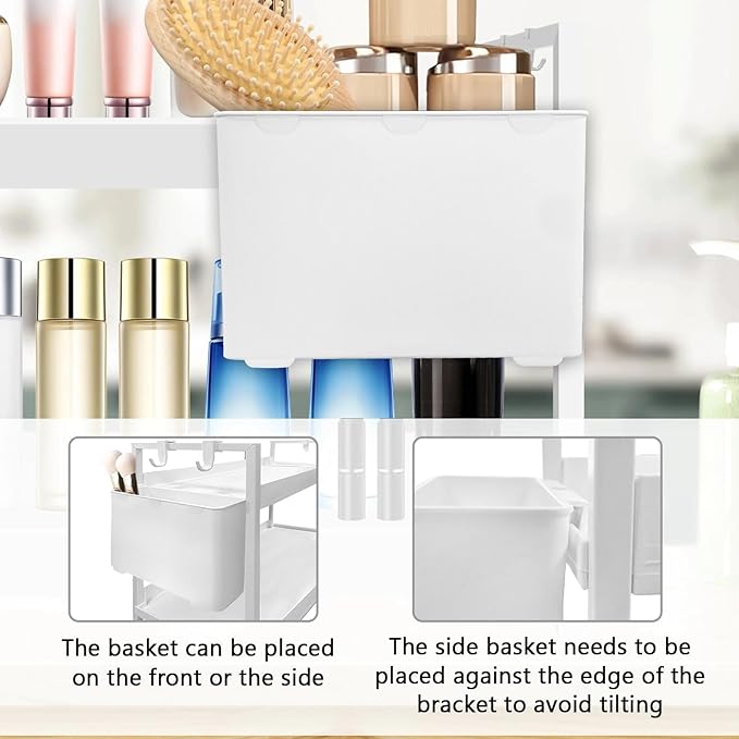 Bathroom Organizer with Basket & Hooks, 2 Tier Bathroom Organizers and Storage for Perfume, Cologne or Spice, White Countertop Organizer for Vanity, Kitchen, Office or Under Sinks