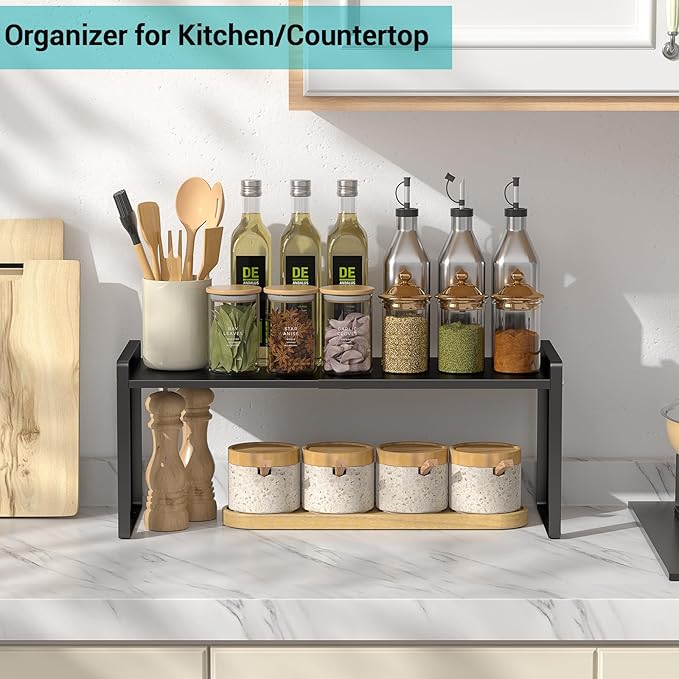 Expandable Cabinet Organizer Shelves, 88lbs High Weight Capacity, Heavy-Duty Metal Storage Rack, Adjustable Cabinet Shelf for Kitchen, Pantry, Cupboard, Under Sink, Black, Patent Pending