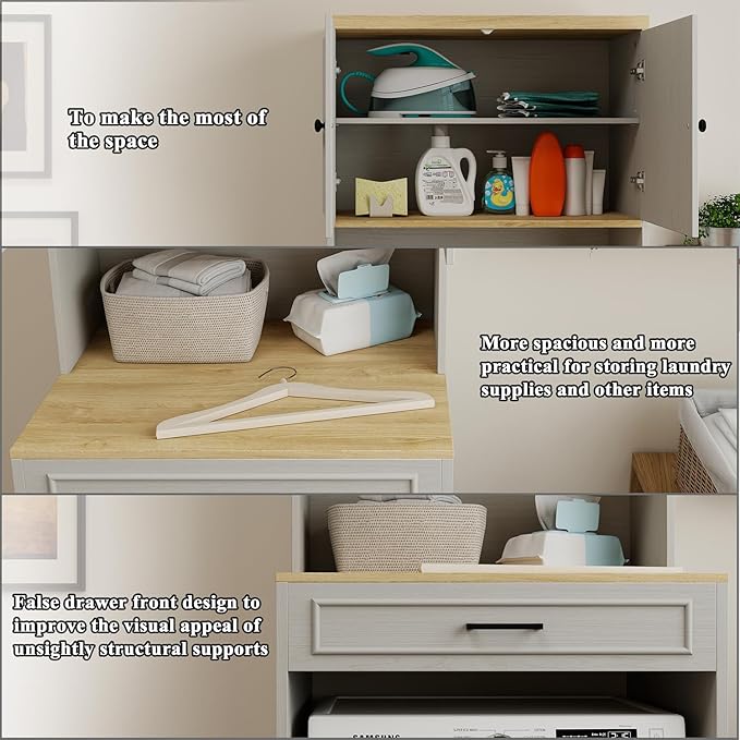 Washer Dryer Countertop with Shelf, Over The Washer or Dryer Storage Shelves Cabinet, Laundry Room Storage and Organization, Compact Washing Machines with a Width of Less Than 27 inches