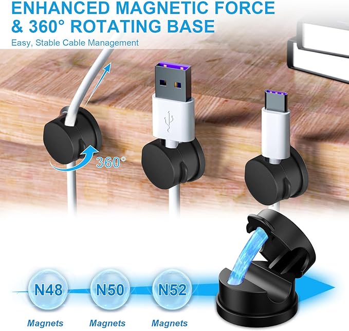 6pcs Magnetic Cord Organizer, 360° Swiveling Adhesive Cable Clips - Compact Cord Holder for Nightstand, Desk, Car, Kitchen & Home Office - Charger Holder Management Solution by MarLigavid (Black)
