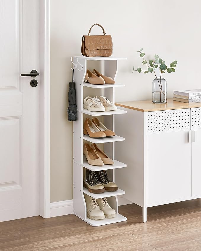 VASAGLE 7-Tier Vertical Shoe Rack, Narrow Shoe Storage Organizer with Hooks, Slim Corner Tower Shelf, Space-Saving for Entryway and Bedroom, White ULBS200T14