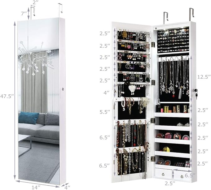 Giantex Wall Door Mounted Jewelry Armoire Cabinet with 47.5" Full Length Mirror, 2 LEDs Lockable Jewelry Organizers and Storage with 2 Drawers, Over the Door Jewelry Organizer Cabinet (White)