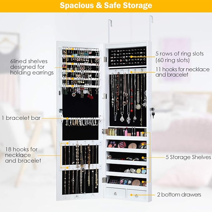 Giantex 15 LEDs Jewelry Armoire, Wall Mounted or Door Hanging, Lockable Jewelry Cabinet with Full Length Mirror, Large Storage Jewelry Organizer Box Armoire for Girls Women (14.5"W x 3.5"D x 47.5"H)
