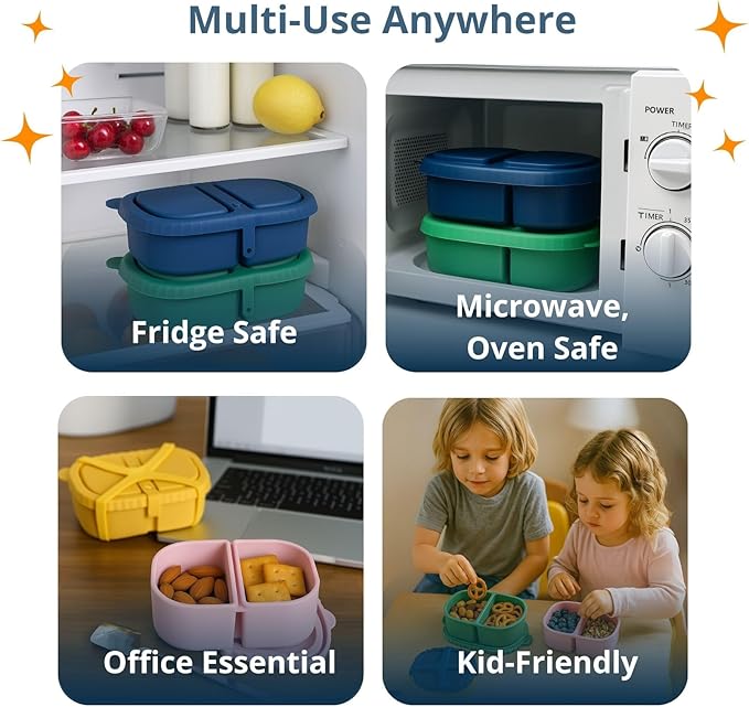 2 Pack Reusable Silicone Snack Containers with Lid, Strap, Spoon & Fork-2 Compartments Portable Mini Containers，Silicone Snack Storage Box for Picnic, Office, School(blue+green)