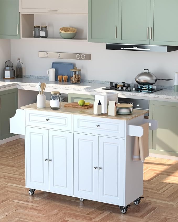 Kitchen Island on Wheels Kitchen Cart with Rubber Wood Top, Mobile Kitchen Island with Double Storage Cabinet and Drawers, Island Table for Kitchen (White)