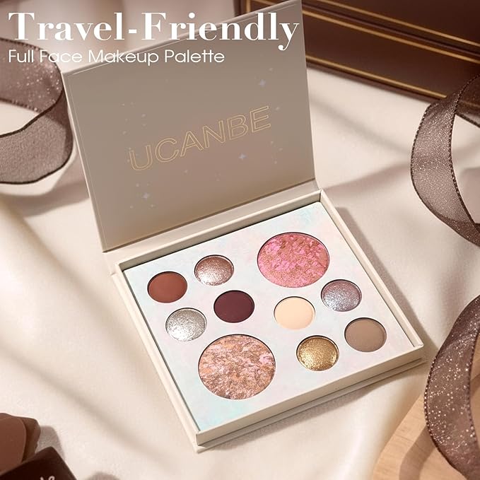 UCANBE All in One Baked Makeup Palette – Eyeshadow, Blush & Bronzer Face Kit, Neutral Pigmented Colors, Travel Size Compact, Full Face Makeup Gift Set for Women