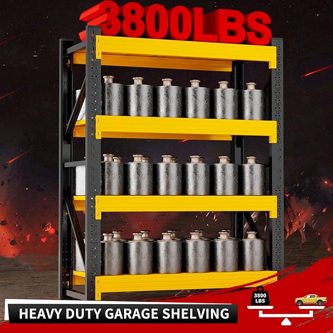 3800LBS Garage Storage Shelves, 47" W Garage Shelving Heavy Duty Adjustable Shelving Unit, 4 Tier Metal Utitly Shelves Industrial Shelving for Warehouses,Basement,Black Yellow