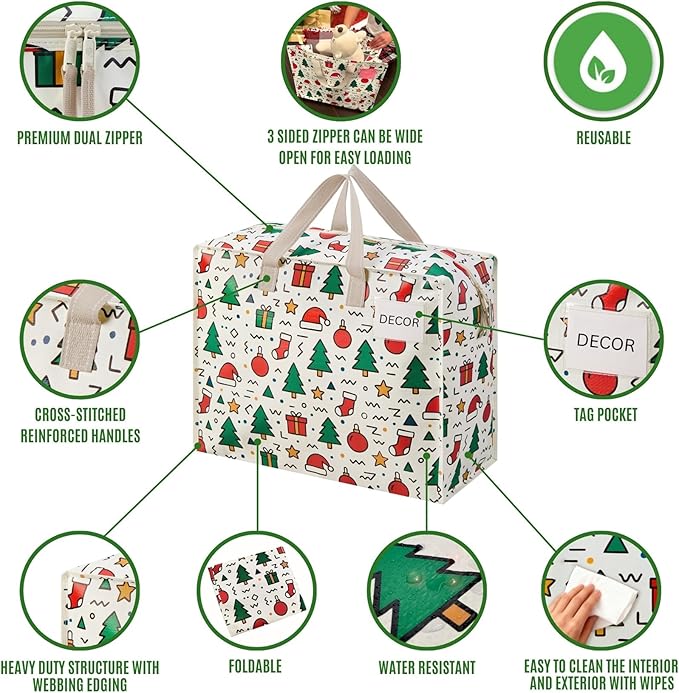 VENO 4 Pack Heavy Duty Moving Bags, Storage Bags, Packing Supplies, Top Zipper, Storage Totes for Camping, Clothes, Bedding, Comforters, Pillows, Christmas Pattern (13 Gallon, Jingle Mix, 4 Pack)