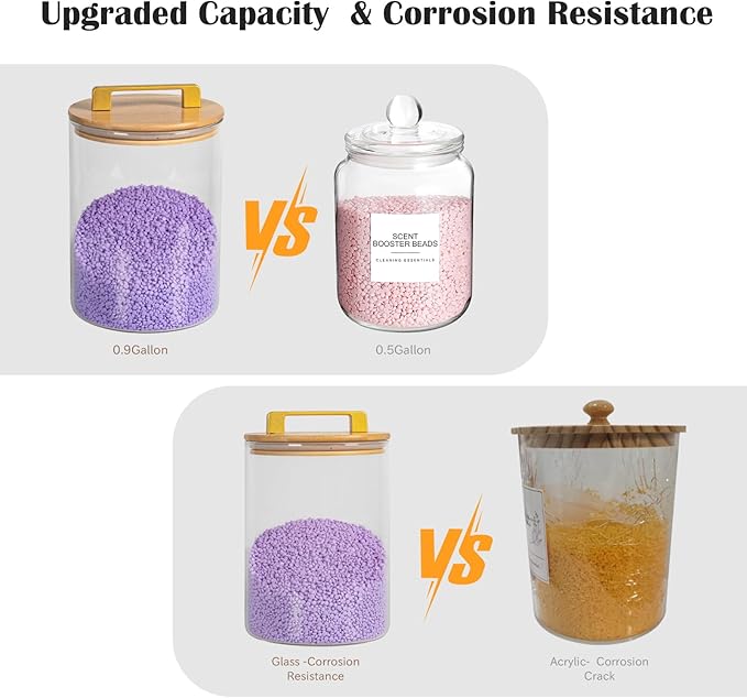 Glass Jars For Laundry Room Organization and Storage, 2 Pack -0.9 Gallon Laundry Detergent Containers for Scent Beads, Powder,Pods With Lids, 5 Labels, 2 Scoops，1 Acrylic Dryer Sheet Holder Included