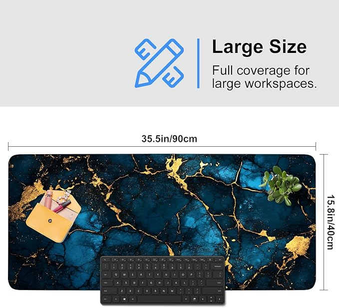 Blue Marble Gold Vein Mouse Pad – Large Extended Desk Mat 35.43 x 15.75 in – Elegant Navy Ink Texture with Metallic Cracks, Keyboard & Mouse Pad for Office & Gaming