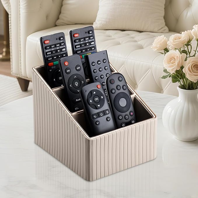 KINGFOM 3 Slot PU Leather Remote Controller Holder, Home Sundries Storage Box, TV Guide/Mail/CD Organizer/Caddy/Holder with Free Cable Desk Organizer (Dark Beige)