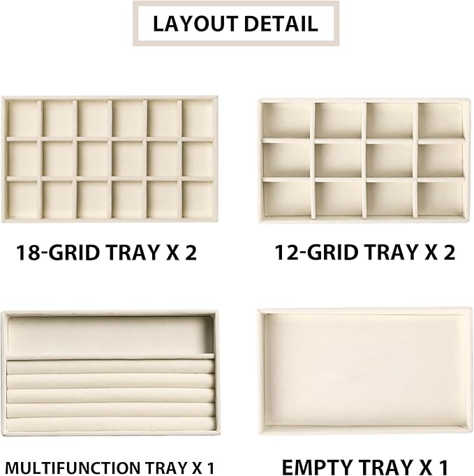 Frebeauty Jewelry Organizer Tray,Stackable Velvet Jewelry Trays,Drawer Inserts Earring Organizer For Women Jewelry Storage Display Case for Rings Stud Necklaces,Set of 6(Beige)