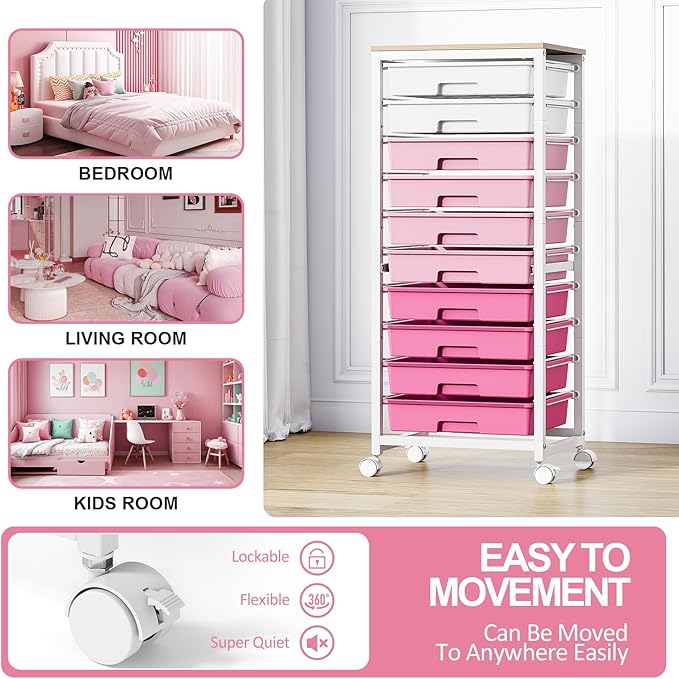 Rolling Cart with Drawers,10 Drawer Rolling Cart,Storage Cart,Utility Cart,Teacher Cart for Classroom Storage,Craft Cart with Wheels and Wooden Tabletop,Pink