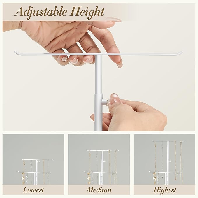 Jewelry Holder Organizer Stand - Adjustable Jewelry Tree 17.5" Height (Max), Jewlery Hanger for Necklaces, Bracelets, Earrings, Stainless, White