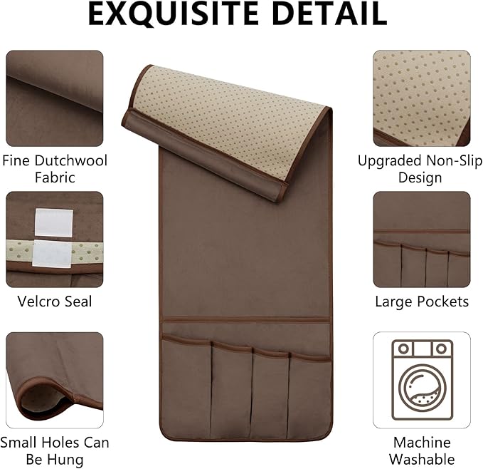 Remote Control Holder for Armchair, Couch Caddy Organizer TV Remote Holder for Bed Storage 5 Pockets, Remote Caddy Bedside Organizer Bedside Table Organizer (Brown, 35"x12.4")