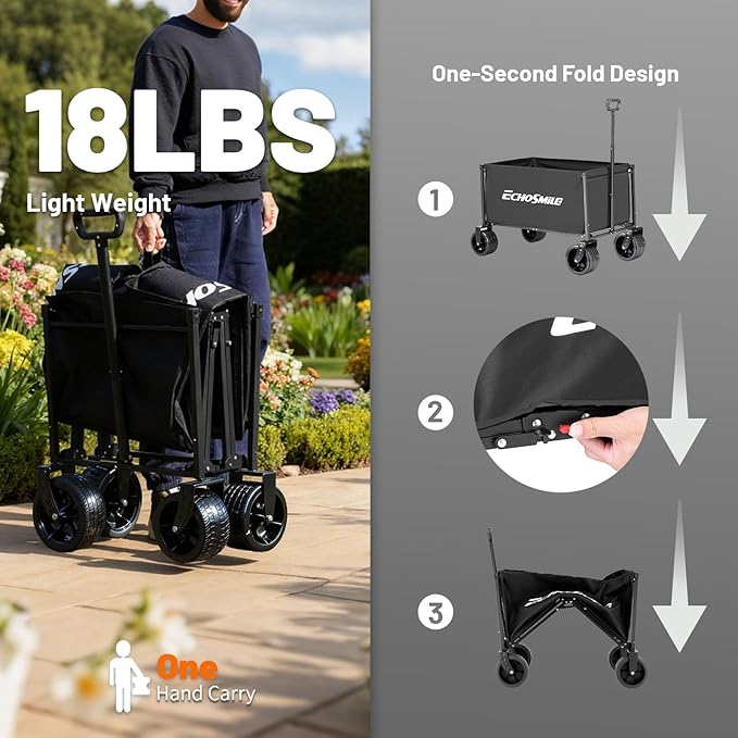 EchoSmile Collapsible Wagon Cart for Camping & Beach - Heavy Duty 400lbs Capacity All-Terrain Cart with Wide Wheels, Portable Folding Utility Wagon for Grocery, Garden, Sports,Black