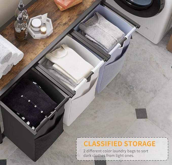 Laundry Basket Three Laundry Hamper with Removable Bags, Fabric Handles, Large Top Shelf and Laundry Bag for Bathroom, Dorm, Laundry Room