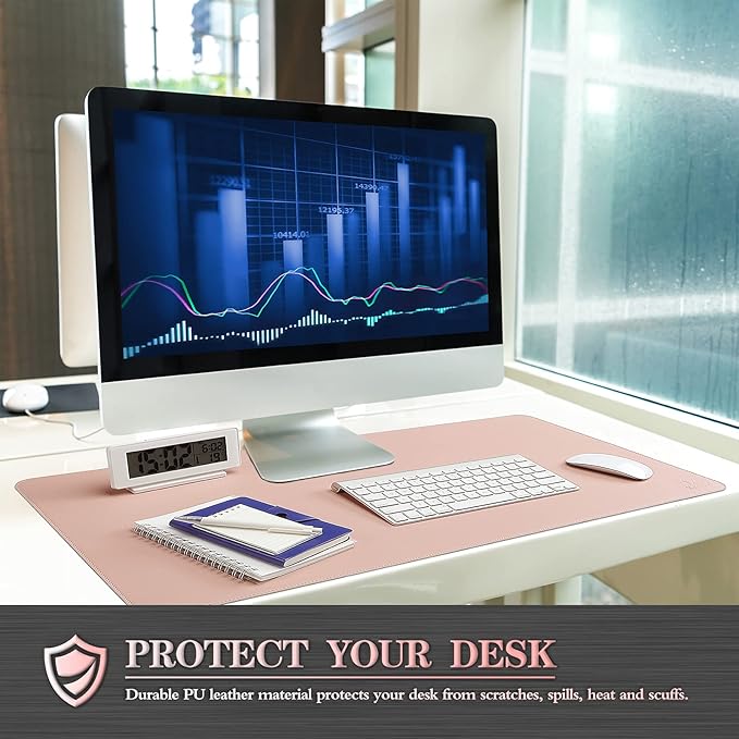 K KNODEL Desk Mat, Blotter, Dual-Sided Office Desk Pad, Waterproof Desk Mat for Desktop, Desk Blotters, PVC Leather Pad Protector (Pink, 23.6" x 13.8")