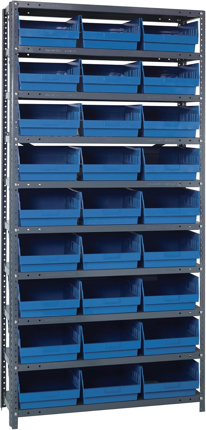 Quantum Storage Systems 1275-209BL Store More Steel Shelving Unit with 6" Shelf Bins, 12" D x 36" W x 75" H, Blue