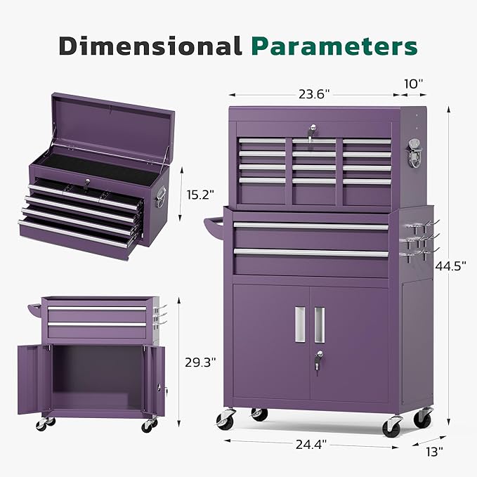 Greenvelly Tool Chest, 8-Drawer Rolling Tool Chest with Hooks and Lockable Wheels,Metal Storage Detachable Top Tool Box with Lockable Wheels for Garage,Workshop,Art Studio(Purple)