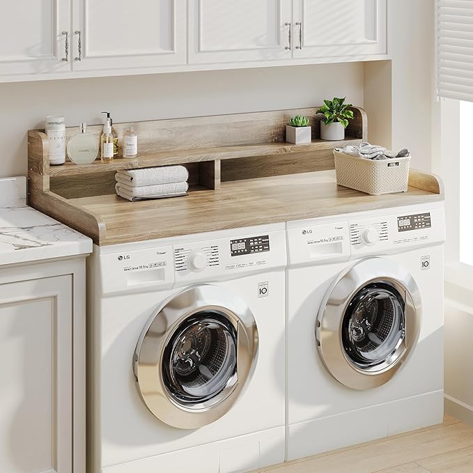 2-Tier Washer Dryer Countertop with 2.75" H Edge Rails, 58" W x 28" D Laundry Countertop for Folding Clothes, Washer and Dryer Topper with Non-Slip Pad (White Oak)