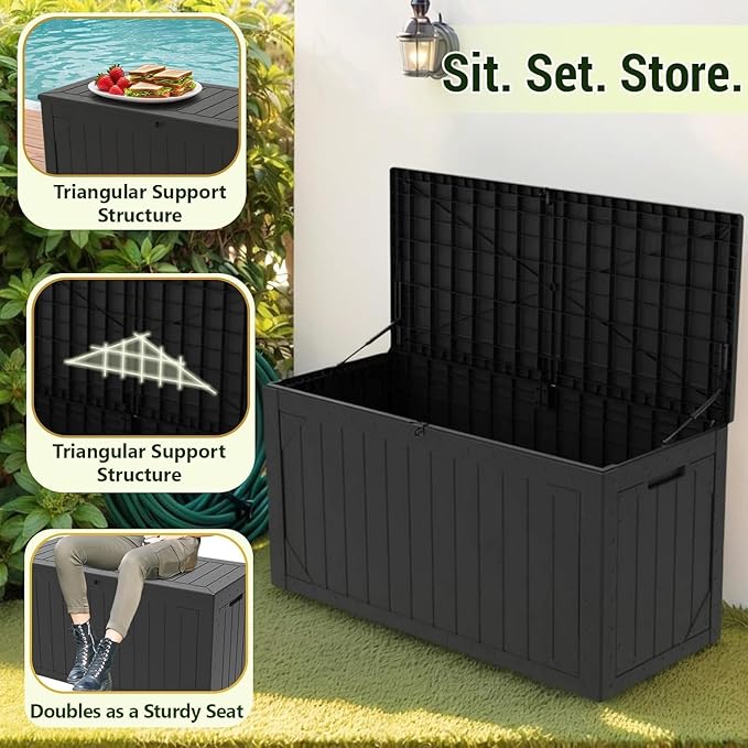100 Gallon Resin Deck Box, Waterproof Outdoor Storage Box for Patio Furniture, Garden Tools, and Pool Accessories, Lockable UV-Resistant Storage Bin Bench Cabinet for Outside, Black