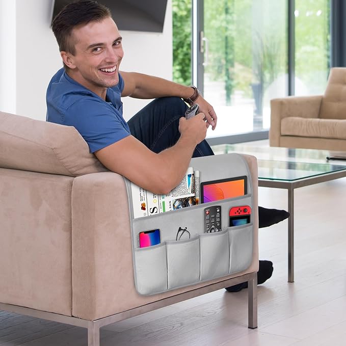 Remote Control Holder for Armchair，Couch Caddy Organizer TV Remote Holder for Bed Storage 5 Pockets，Remote Caddy Bedside Organizer Bedside Table Organizer (LightGray, 35''x18'')