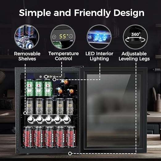COWSAR 2.65 Cu.ft Wine Fridge, ETL Approved Beverage Refrigerator 95 Can Quiet Freestanding Mini Wine Cooler Clear Front Glass Door, Quiet Operation, Adjust Temperature for Home Bar, Drink Fridge